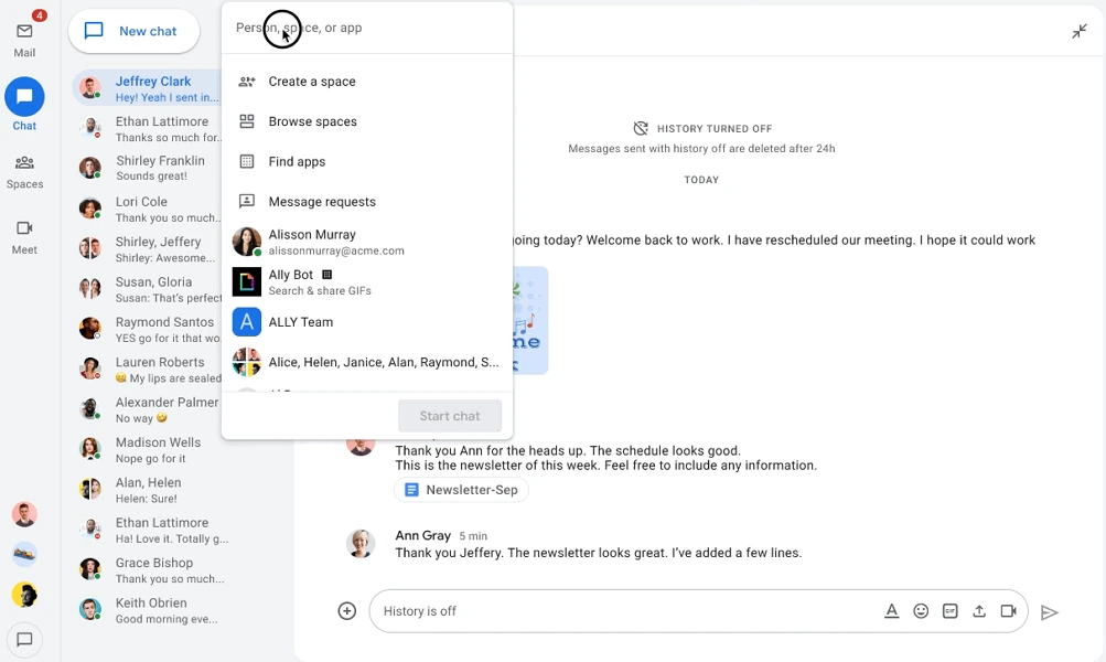 Google Chat's main window showing its powerful search function