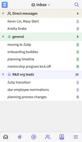 Zulip inbox showing all relevant conversation.