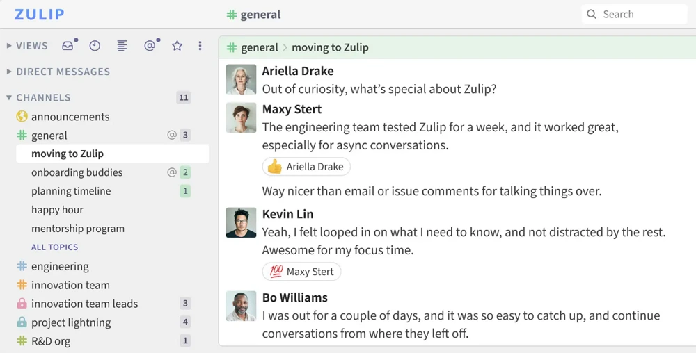 Zulip interface showing the navigation panel with topic-based chats. 