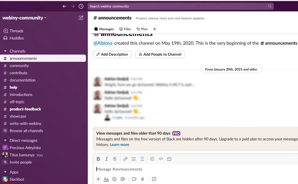slack user interface