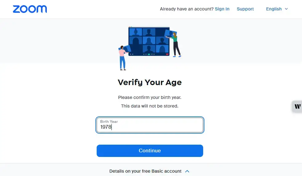 Zoom verify your age page