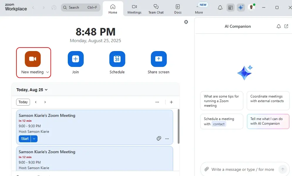 Start instant meeting in Zoom