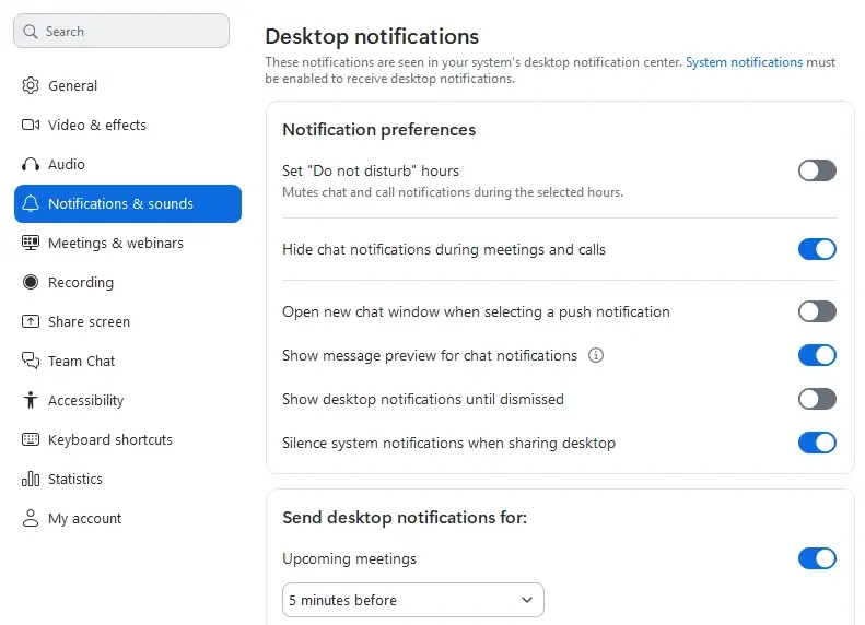 Zoom notification settings