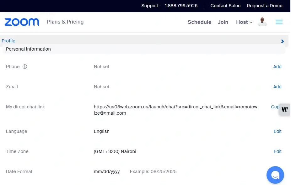 user profile on Zoom