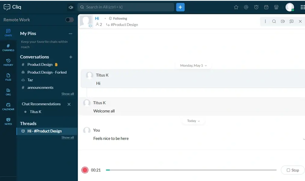 Zoho Cliq voice note
