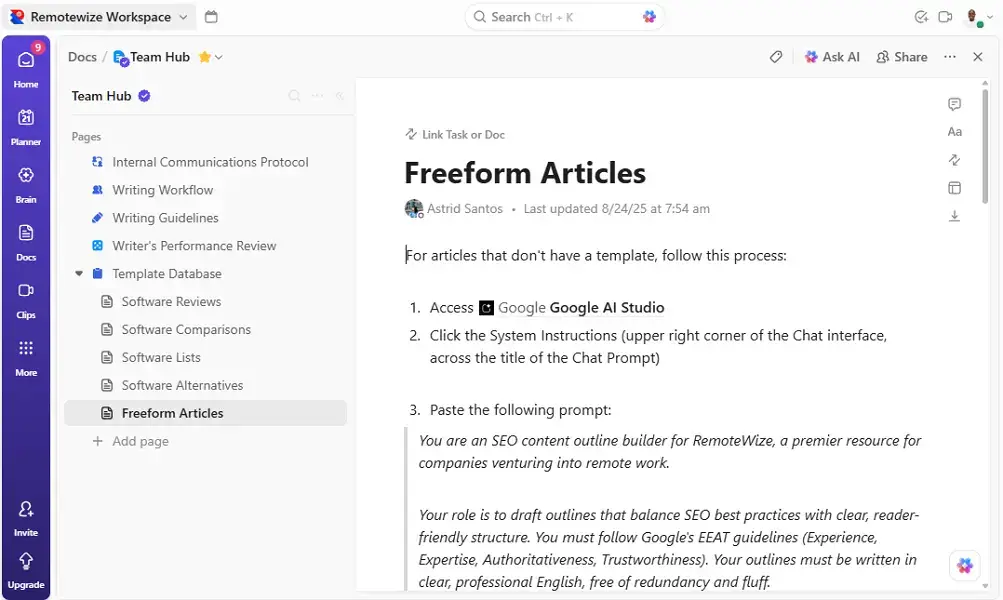 ClickUp review; ClickUp Docs on a desktop device.
