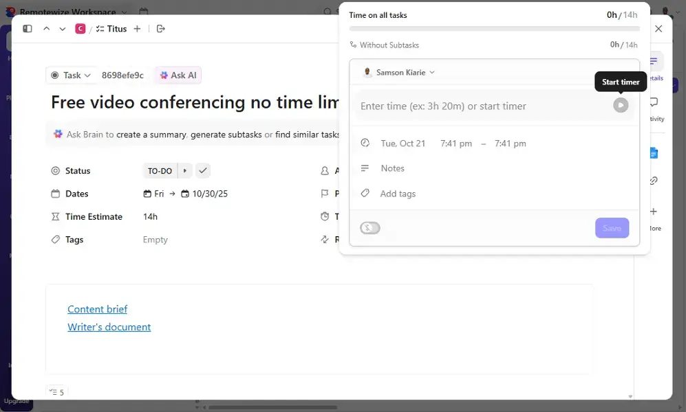 ClickUp review; ClickUp time tracker on desktop.
