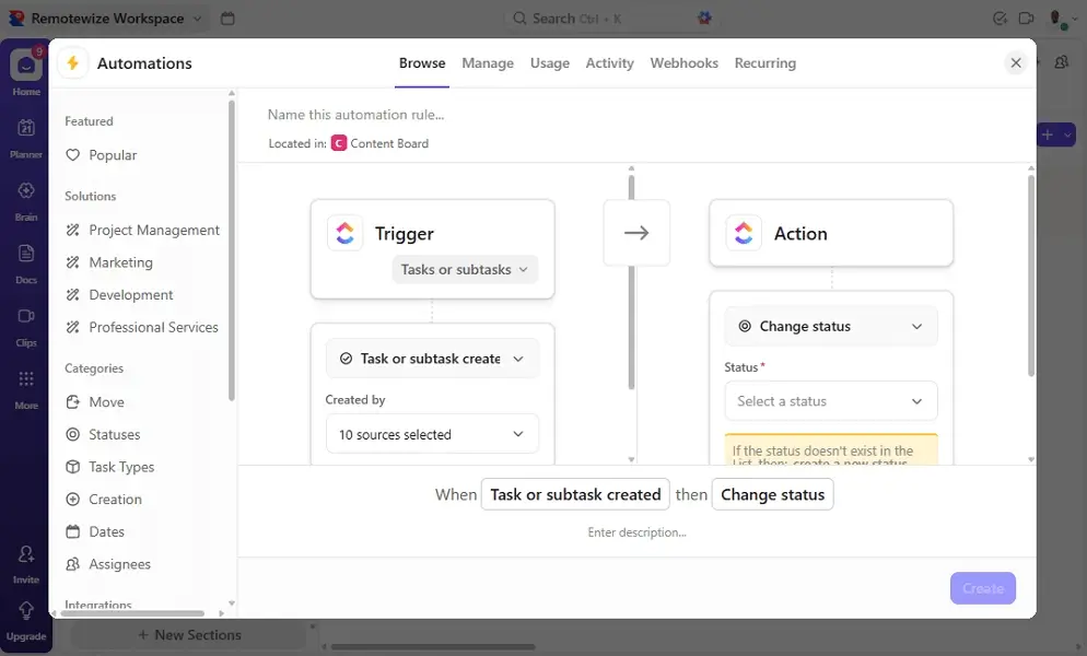 ClickUp review; ClickUp automation builder on desktop. 
