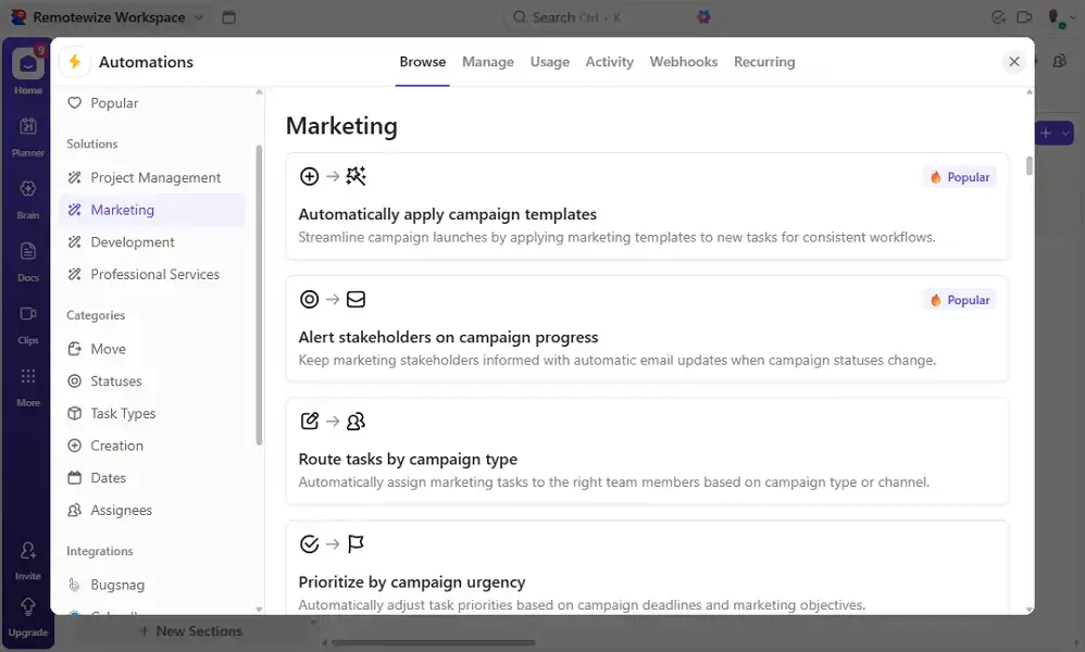 ClickUp review; ClickUp automation templates page. 
