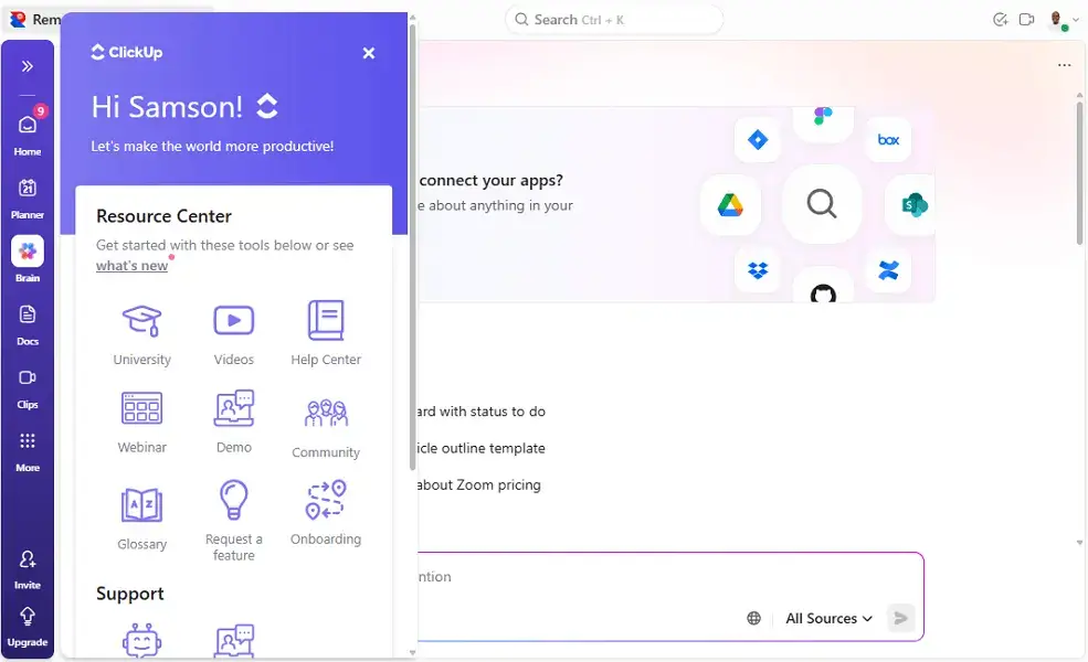 ClickUp review; ClickUp in-app help options. 
