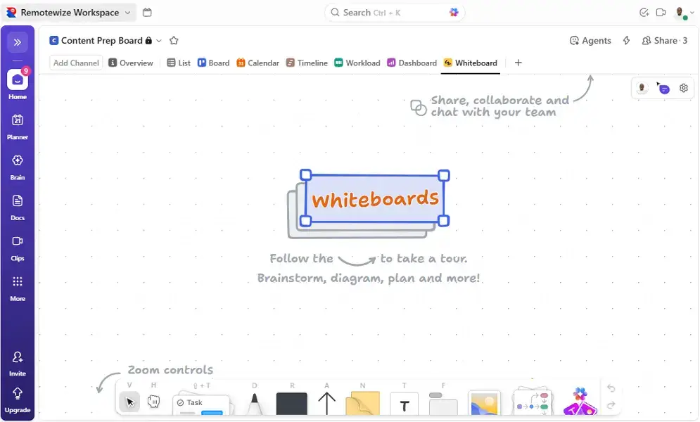 ClickUp review; ClickUp whiteboard on a desktop device. 
