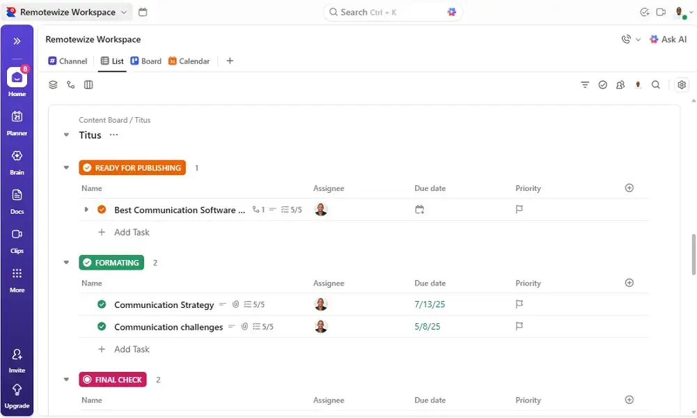 ClickUp review; ClickUp Workspace on the list view page. 
