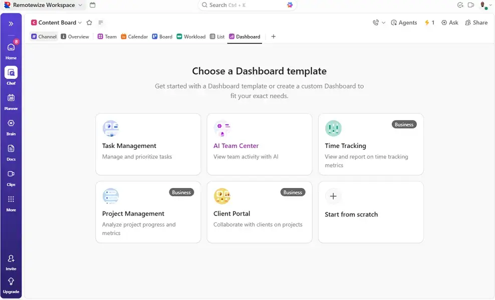 ClickUp review; ClickUp dashboard templates page 
