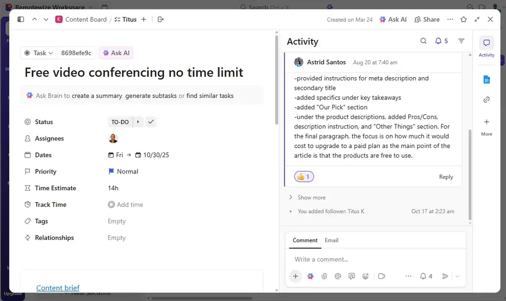  ClickUp review; ClickUp task card on desktop 
